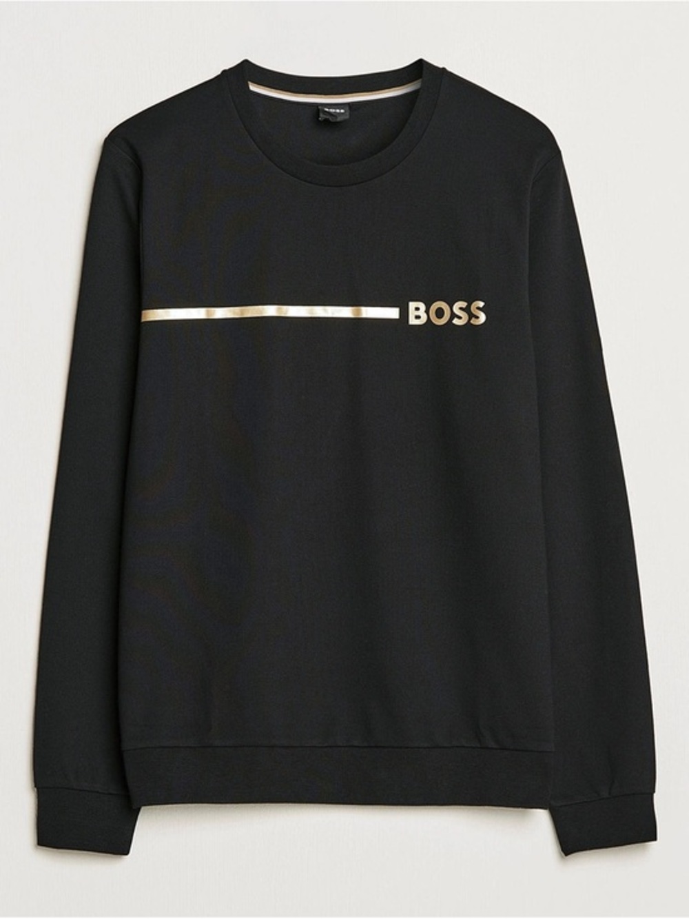 BOSS Black Crewneck Sweater with Gold Logo Stripe